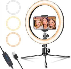 Dimmable Desk Makeup LED Ring Light 10" with Tripod Stand & Phone Holder for Live Streaming & YouTube Video, Photography, Shooting with 3 Light Modes & 10 Brightness Level